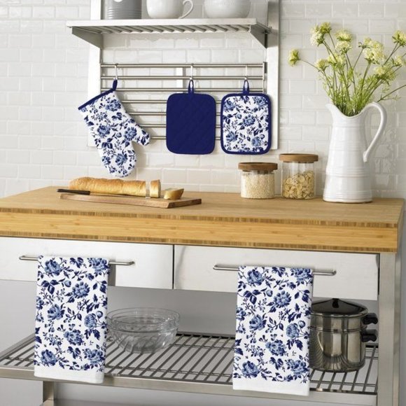 Floral Blooms Kitchen Towel Set 5-Pc Pot Holder Oven Mitt Navy Blue White NEW - Picture 6 of 6